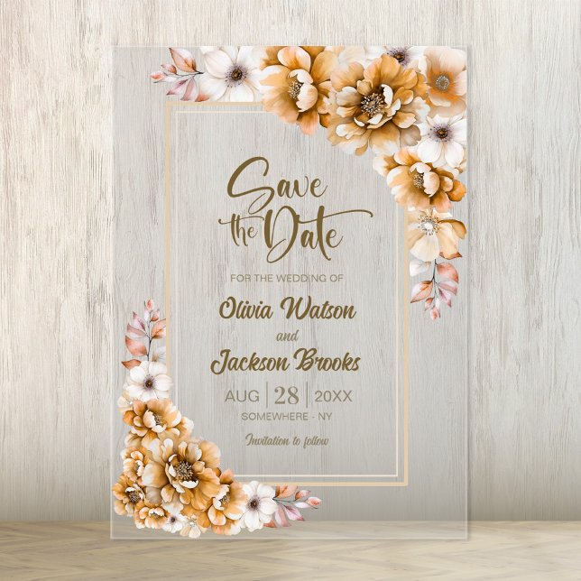 Orange Floral Wedding Save the Date Acrylic Invitations (Creator Uploaded)