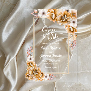 Orange Floral Wedding Save the Date Acrylic Invitations