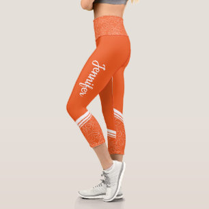 Orange floral white stripes and name modern girly capri leggings