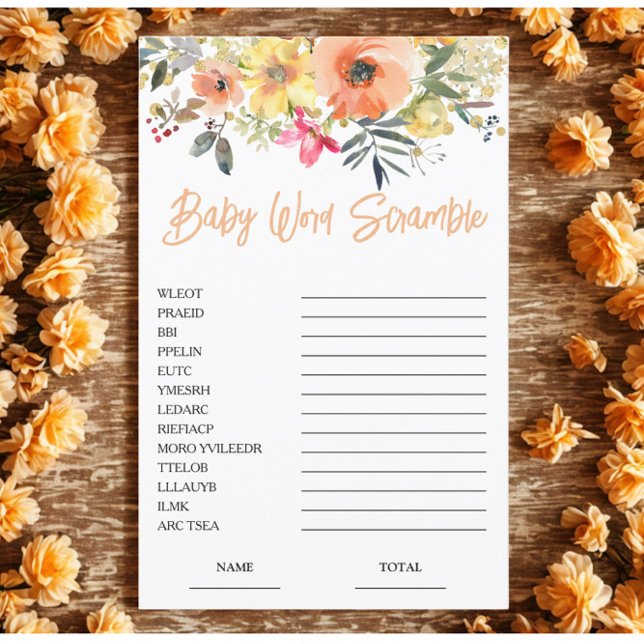 Orange Floral Word Scramble Baby Shower Game (Creator Uploaded)