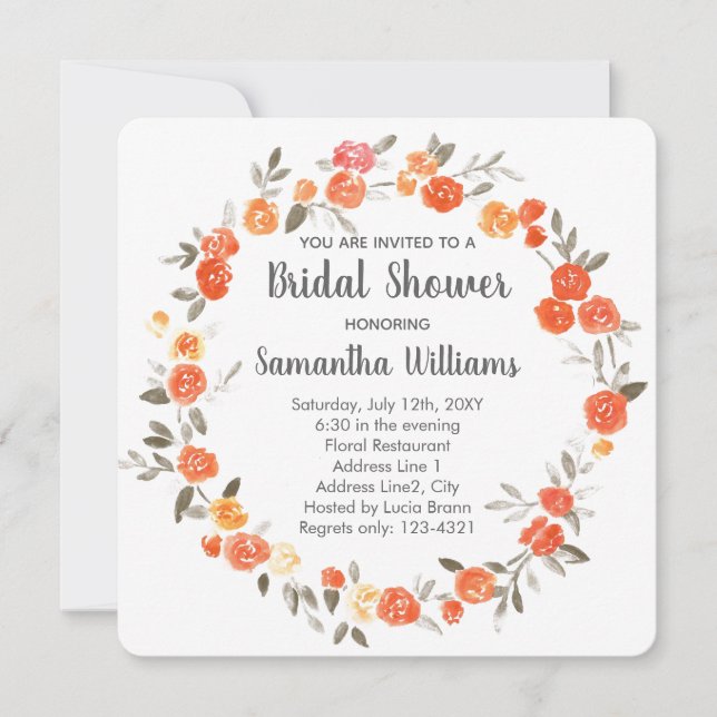 Orange Floral Wreath Bridal Shower Invite (Front)