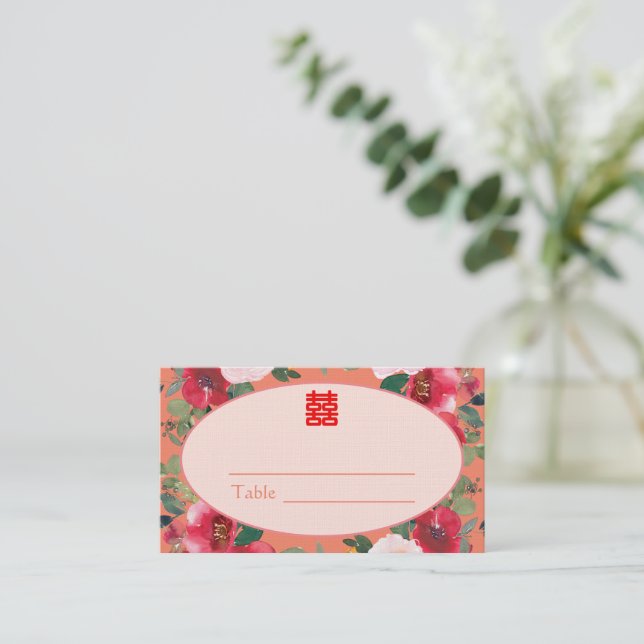 Orange floral wreath Chinese wedding reception Place Card (Standing Front)