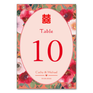 Orange floral wreath Chinese wedding reception Table Number