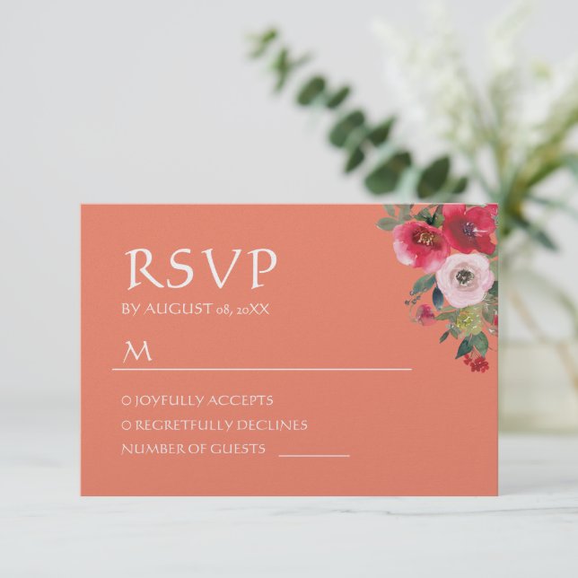 Orange floral wreath Chinese wedding RSVP Card (Standing Front)
