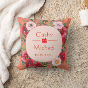 Orange floral wreath Chinese wedding tea ceremony Cushion