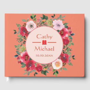Orange floral wreath Chinese wedding tea ceremony Guest Book