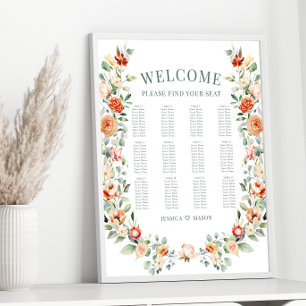 Orange floral wreath garden wedding seating chart