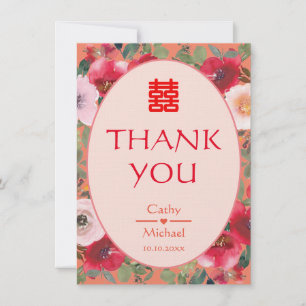 Orange floral wreath red flowers Chinese wedding  Thank You Card