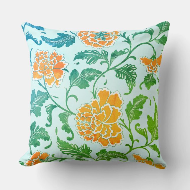 Orange Florals and Greenery on Light Blue Cushion (Front)
