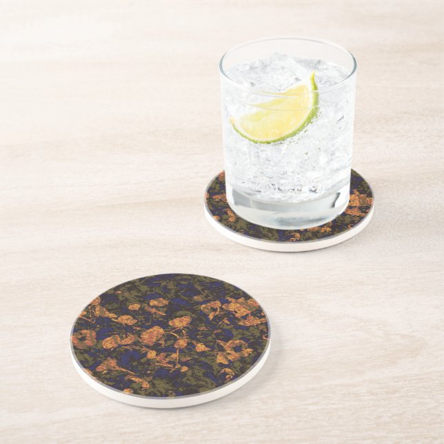 Orange flower against leaf camouflage pattern coaster (Side)