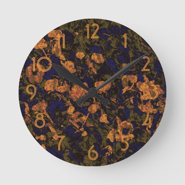 Orange flower against leaf camouflage pattern round clock (Front)