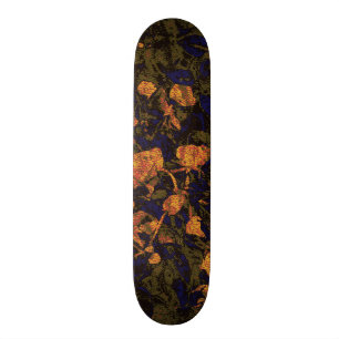 Orange flower against leaf camouflage pattern skateboard