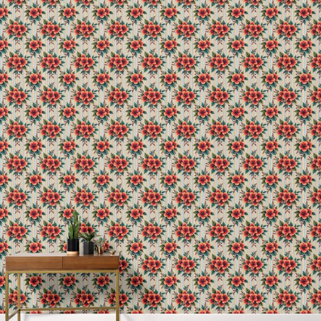 Orange Flower Arrangement on Blue and Tan Stripes Wallpaper (Hallway)
