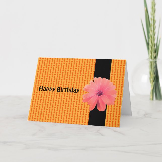 Orange Flower Black Ribbon Birthday Wishes Card (Front)