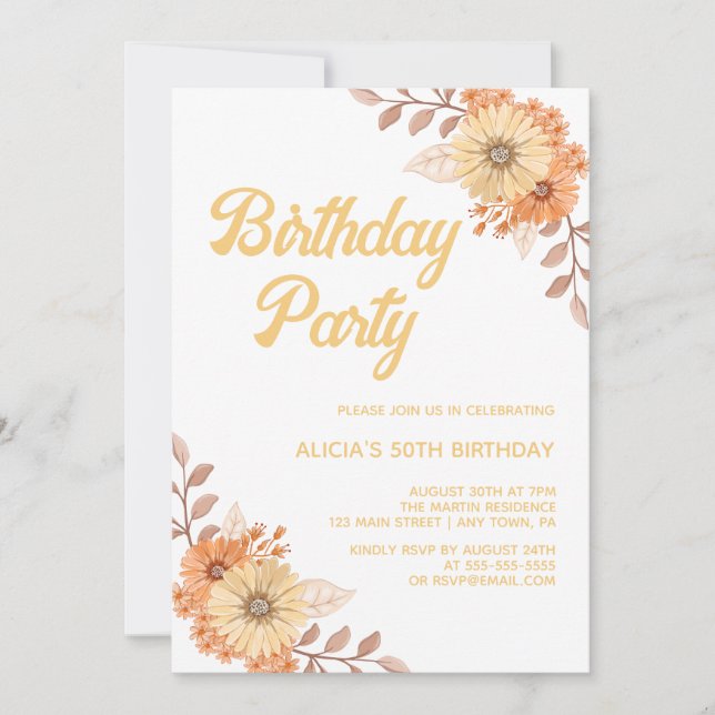 Orange Flower Botanical Gold White Birthday Invitation (Front)