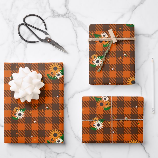 Orange Flower Chequered Gift Wrapping Paper Set (Front)