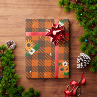 Orange Flower Chequered Wrapping Paper