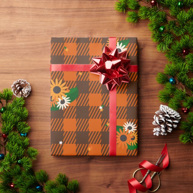 Orange Flower Chequered Wrapping Paper (Holiday Gift)