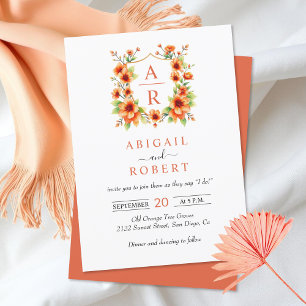 Orange flower crest and initials floral wedding invitation