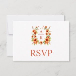 Orange flower crest and QR code floral wedding RSVP Card