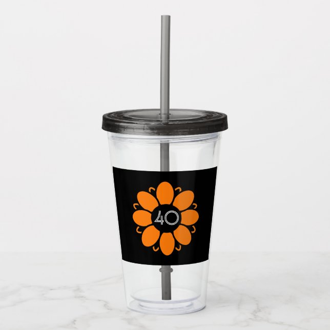 Orange Flower Design Pattern Birthday 40 Black Acrylic Tumbler (Front)