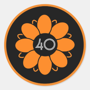 Orange Flower Design Pattern Birthday 40 Black Classic Round Sticker