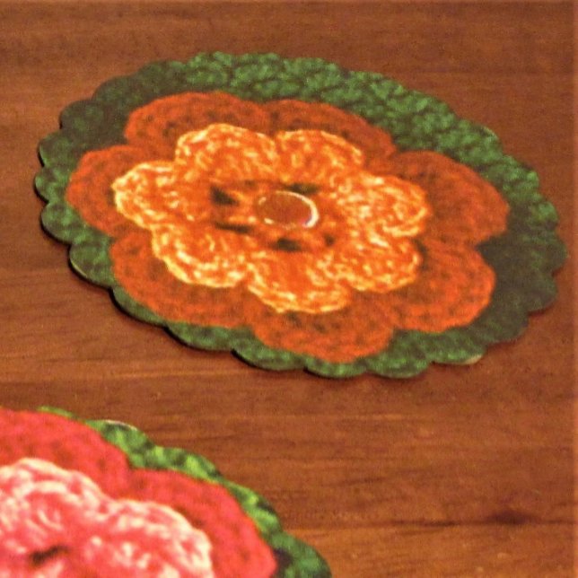 Orange Flower Designer Crochet Print Reusable Paper Coaster (Creator Uploaded)