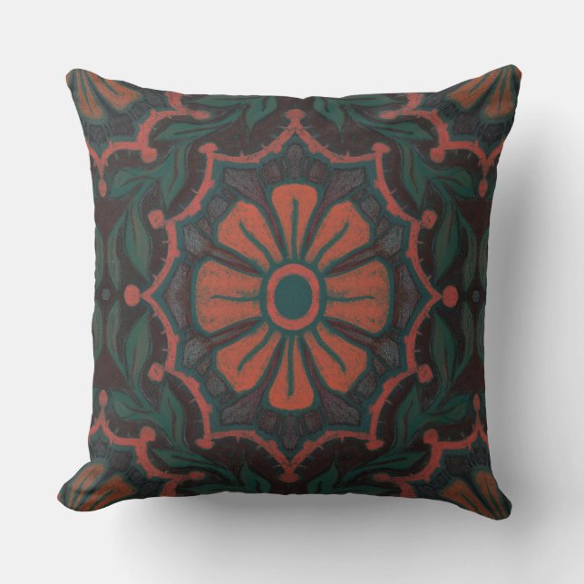 Orange flower, floral pattern, folkloric, bohemian cushion (Front)