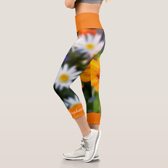 Orange Flower Floral Personalised Name Capri Leggings (Left)
