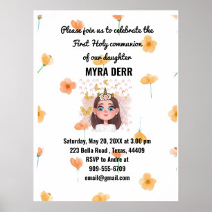 Orange flower Girl First Holy Communion Invitation Poster