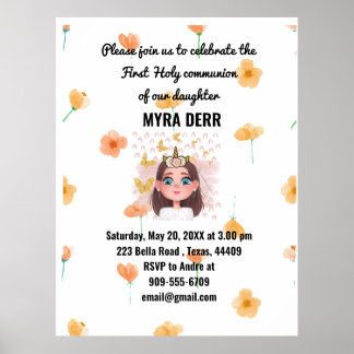 Orange flower Girl First Holy Communion Invitation Poster