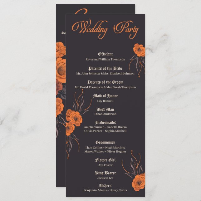 Orange flower gothic minimalist Wedding program (Front/Back)