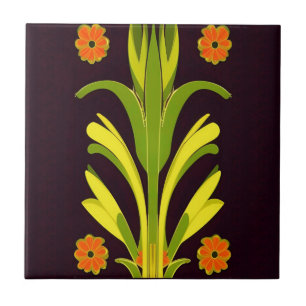 Orange flower green leaves brown floral home decor ceramic tile