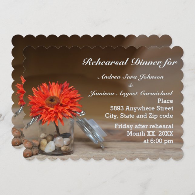Orange Flower in Mason Jar Rehearsal Dinner Invitation (Front/Back)