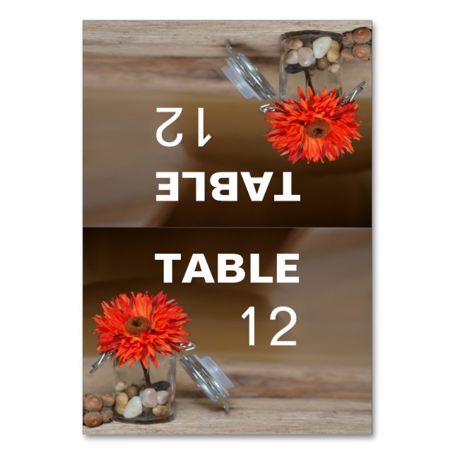 Orange Flower in Mason Jar To Fold Table Number (Front)