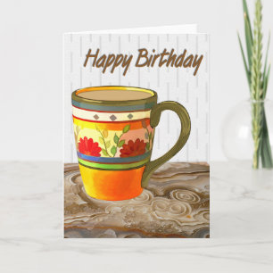 Orange Flower Mug on Stone Table Happy Birthday Card