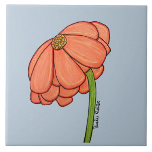 Orange Flower with Blue background Ceramic Tile