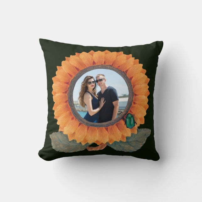 Orange Flower with Green Bug Custom Couple Photo Cushion (Front)