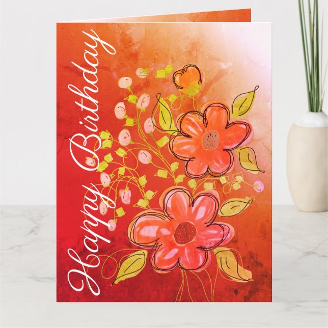 Orange Flowered Personalized Birthday Card (Front)