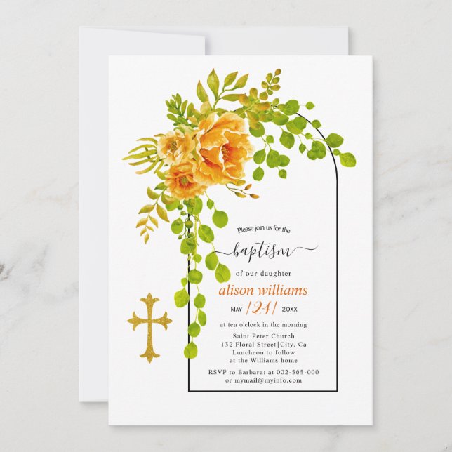 Orange flowers and arch floral baptism invitation (Front)