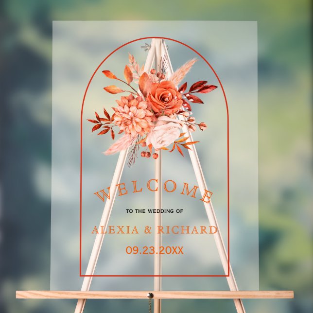 Orange flowers and arch frosted welcome wedding acrylic sign (Neutral)