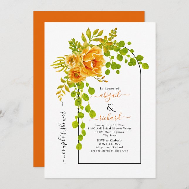 Orange flowers and arch wedding couples shower invitation (Front/Back)