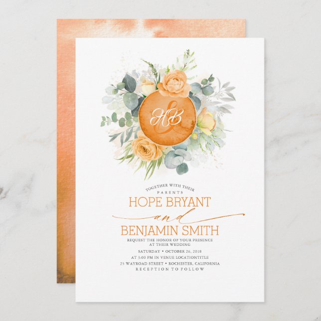 Orange Flowers and Eucalyptus Greenery Wedding Invitation (Front/Back)