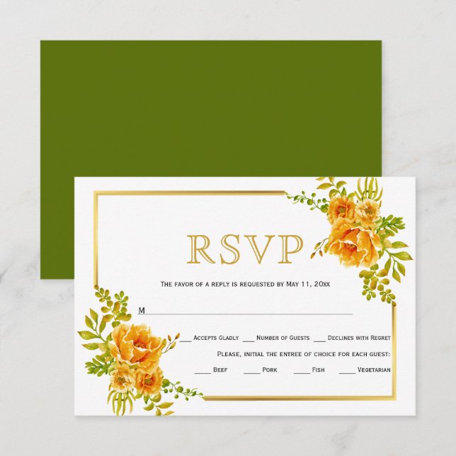 Orange flowers and gold frame wedding RSVP card (Front/Back)
