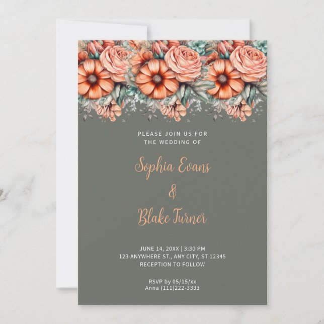 Orange Flowers and Greenery Green Wedding Invitation (Front)