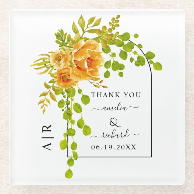 Orange flowers, arch and monogram fall wedding glass coaster (Front)
