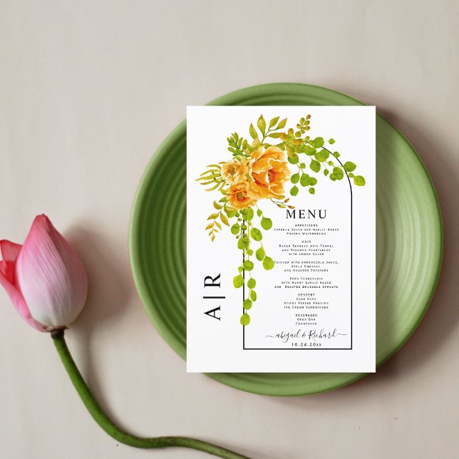 Orange flowers, arch and monogram fall wedding menu (Creator Uploaded)