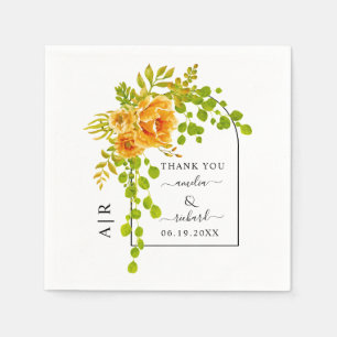 Orange flowers, arch and monogram fall wedding napkin