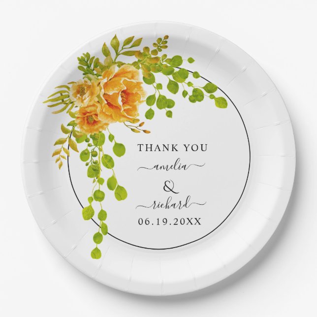 Orange flowers, arch and monogram fall wedding paper plate (Front)