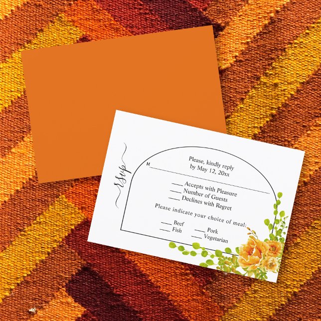 Orange flowers, arch and monogram fall wedding RSVP card (Creator Uploaded)